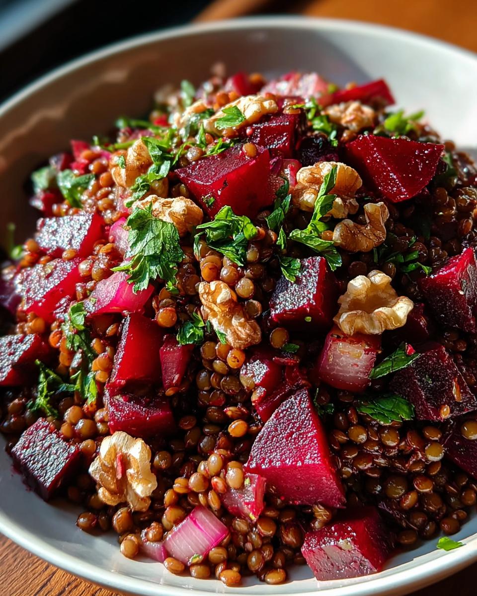 Nahaufnahme eines gesunden Rote Bete Linsen Salat mit gewürfelten roten Beten, Linsen und Walnüssen.