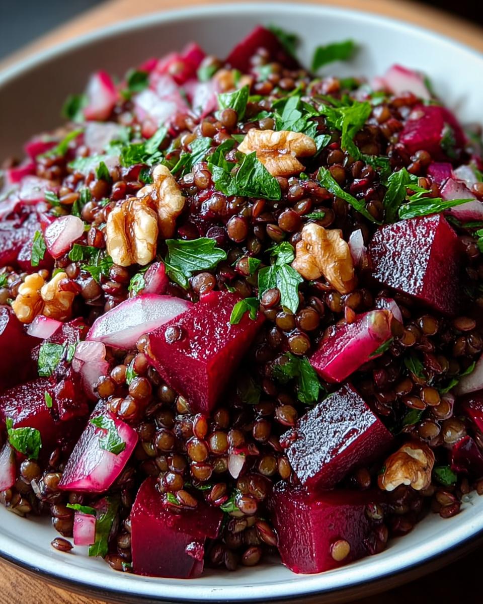 Nahaufnahme eines gesunden Rote Bete Linsen Salat mit gewürfelten roten Beten, Linsen, Walnüssen und frischer Petersilie.
