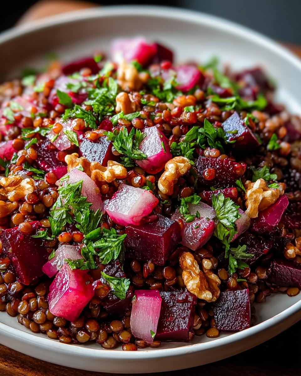 Nahaufnahme eines gesunden Rote Bete Linsen Salat mit gewürfelter Roter Bete, Linsen, Walnüssen und Petersilie.