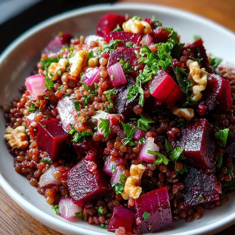 Nahaufnahme eines Schüssel mit Rote Bete Linsen Salat, garniert mit Walnüssen und Petersilie.
