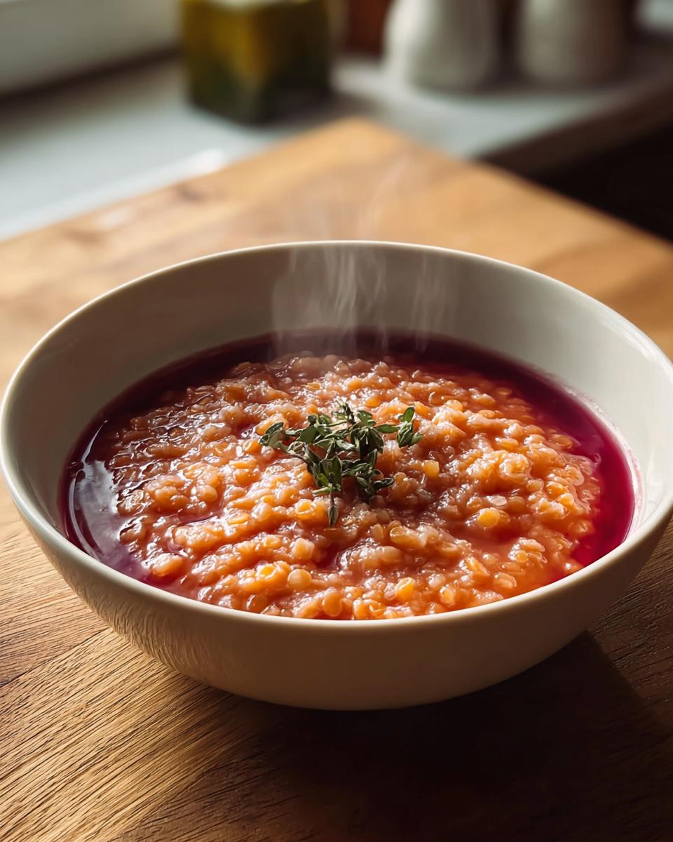 Eine dampfende Schüssel mit ROTE LINSENSUPPE, garniert mit frischem Thymian, auf einem Holztisch.