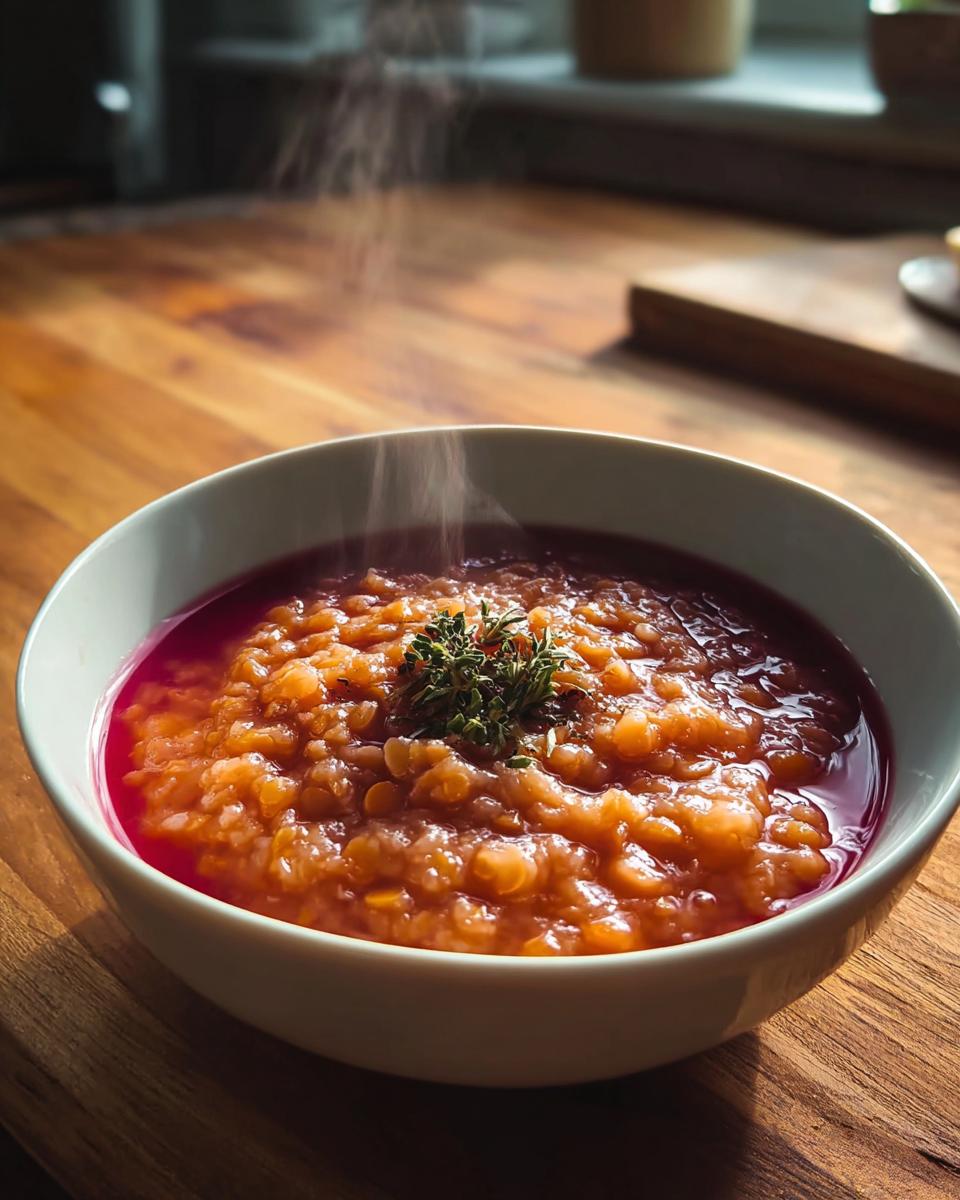 Eine dampfende Schüssel mit ROTE LINSENSUPPE -KRÄFTIG & AROMATISCH, garniert mit frischen Kräutern auf einem Holztisch.