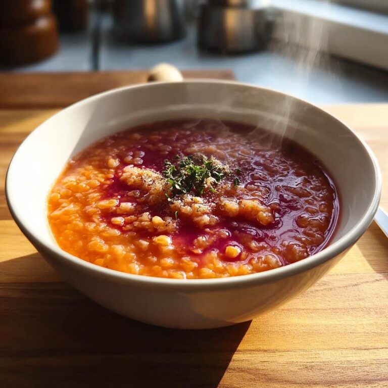 Nahaufnahme einer dampfenden Schüssel mit ROTE LINSENSUPPE -KRÄFTIG & AROMATISCH, garniert mit Kräutern und Gewürzen.