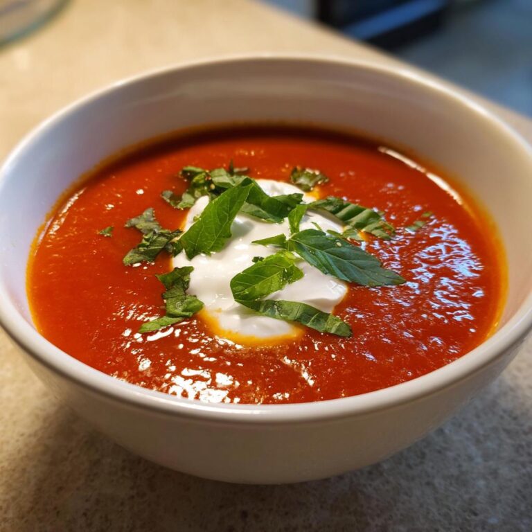 Nahaufnahme einer leuchtend roten Suppe, garniert mit einem Klecks saurer Sahne und frischen Minzblättern, die Schmecken bombastisch.