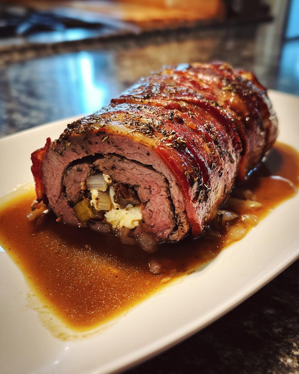 Aufgeschnittener Rouladenbraten, umwickelt mit Speck, in dunkler Soße, typisch für Rouladentopf aus dem Backofen.