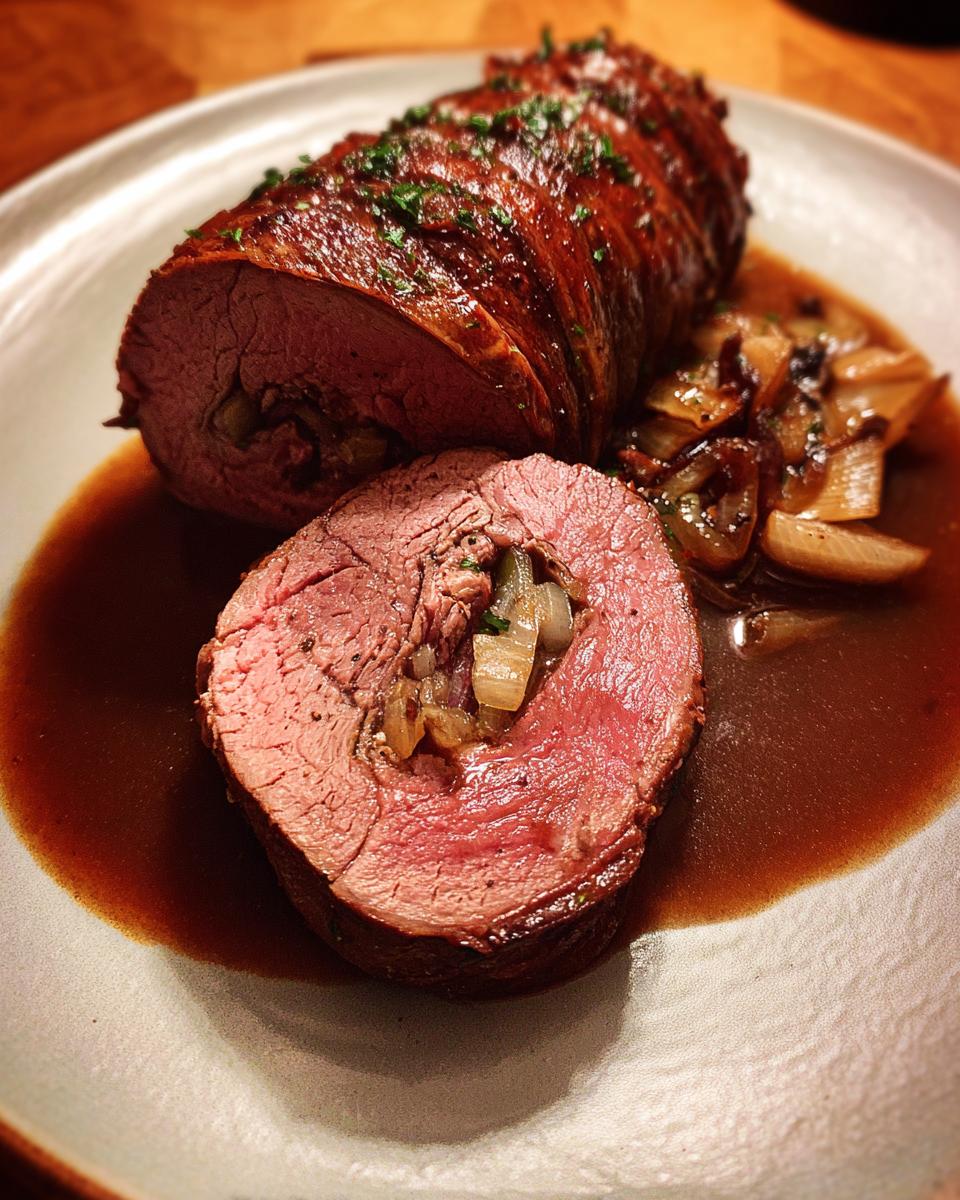 Nahaufnahme eines rosa gebratenen Rouladentopf aus dem Backofen, gefüllt mit Zwiebeln und Kräutern, in dunkler Soße.