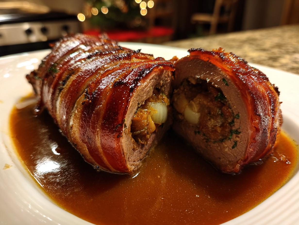 Anschnitt eines saftigen Rouladentopf aus dem Backofen, umwickelt mit knusprigem Speck und in dunkler Soße.