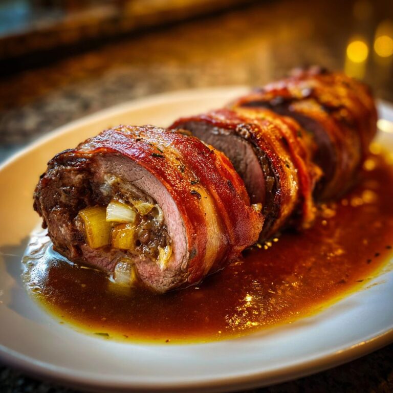 Aufgeschnittener Rouladentopf aus dem Backofen, umwickelt mit knusprigem Speck und serviert in dunkler Soße.