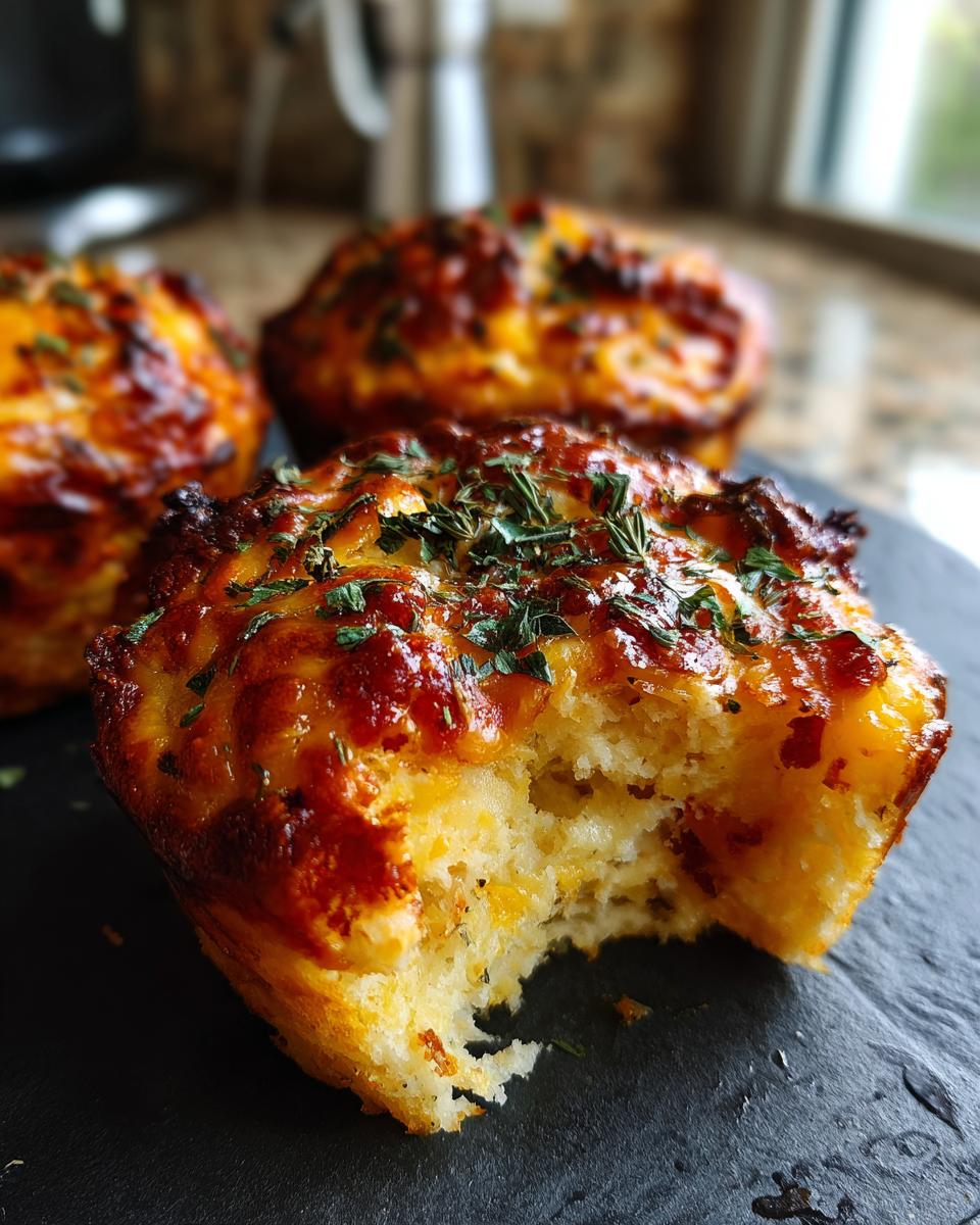 Nahaufnahme eines angeschnittenen, saftigen Pizza Muffins mit goldbraunem Käse und Kräutern.