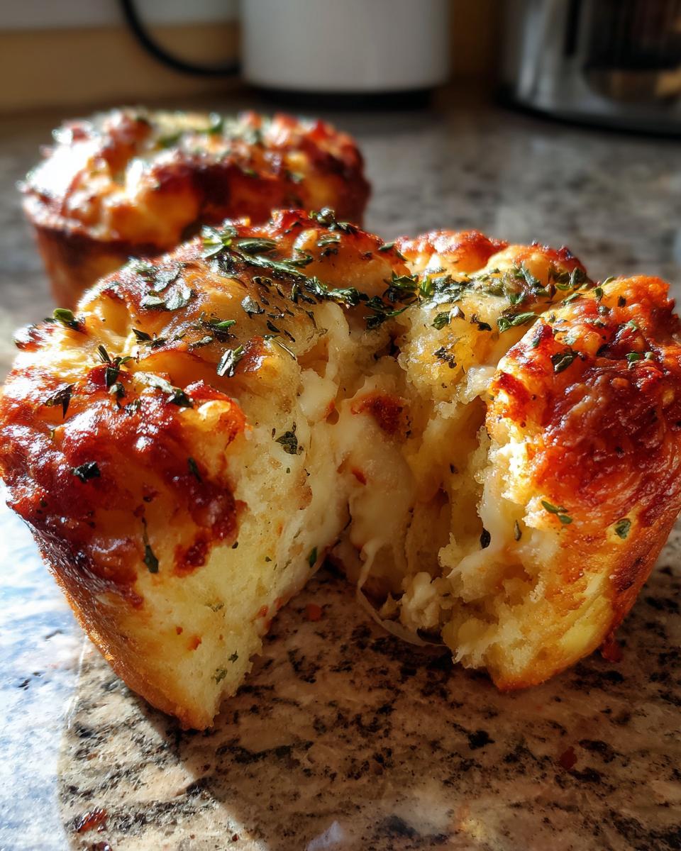 Nahaufnahme eines aufgeschnittenen, saftigen Pizza Muffins, der eine weiche, käsige Füllung zeigt und mit Kräutern bestreut ist.