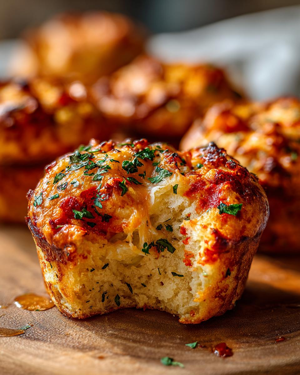 Nahaufnahme eines Bisses aus einem saftigen Pizza Muffin, bedeckt mit geschmolzenem Käse und Petersilie.