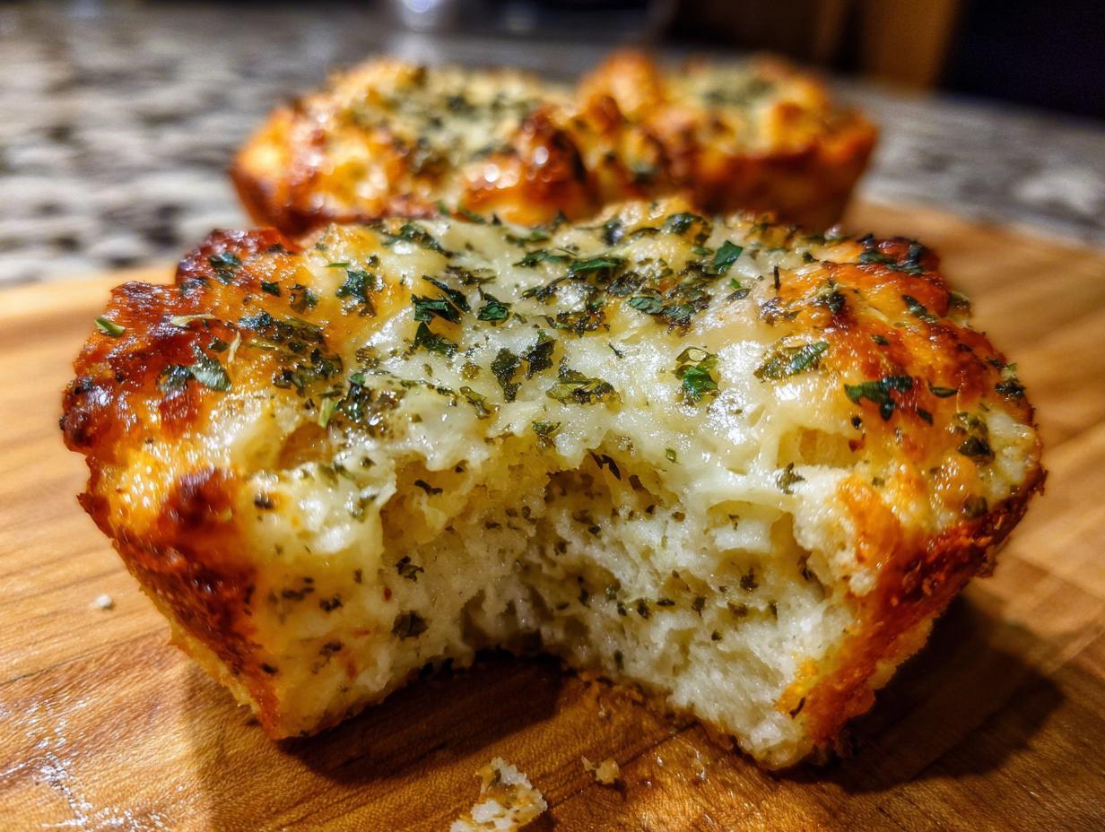 Nahaufnahme eines angeschnittenen, saftigen Pizza Muffins mit geschmolzenem Käse und grünen Kräutern.