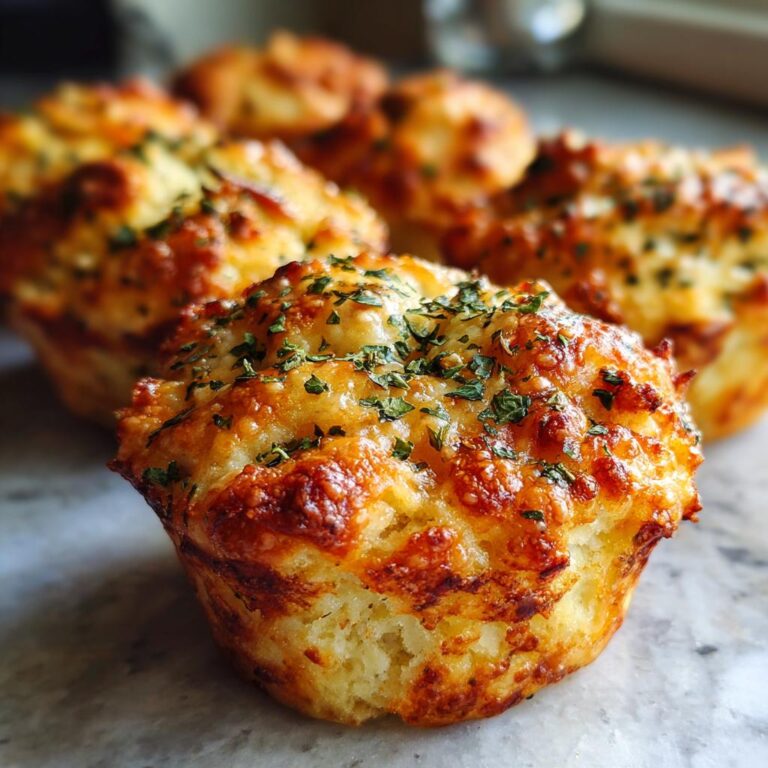 Nahaufnahme eines der Saftige Pizza Muffins, goldbraun gebacken mit geschmolzenem Käse und Petersilie bestreut.