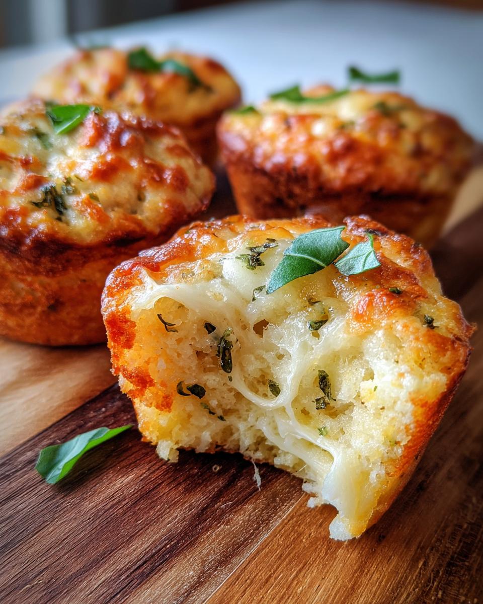 Ein angeschnittener, saftiger Pizza Muffin mit geschmolzenem, ziehendem Käse und Basilikum.