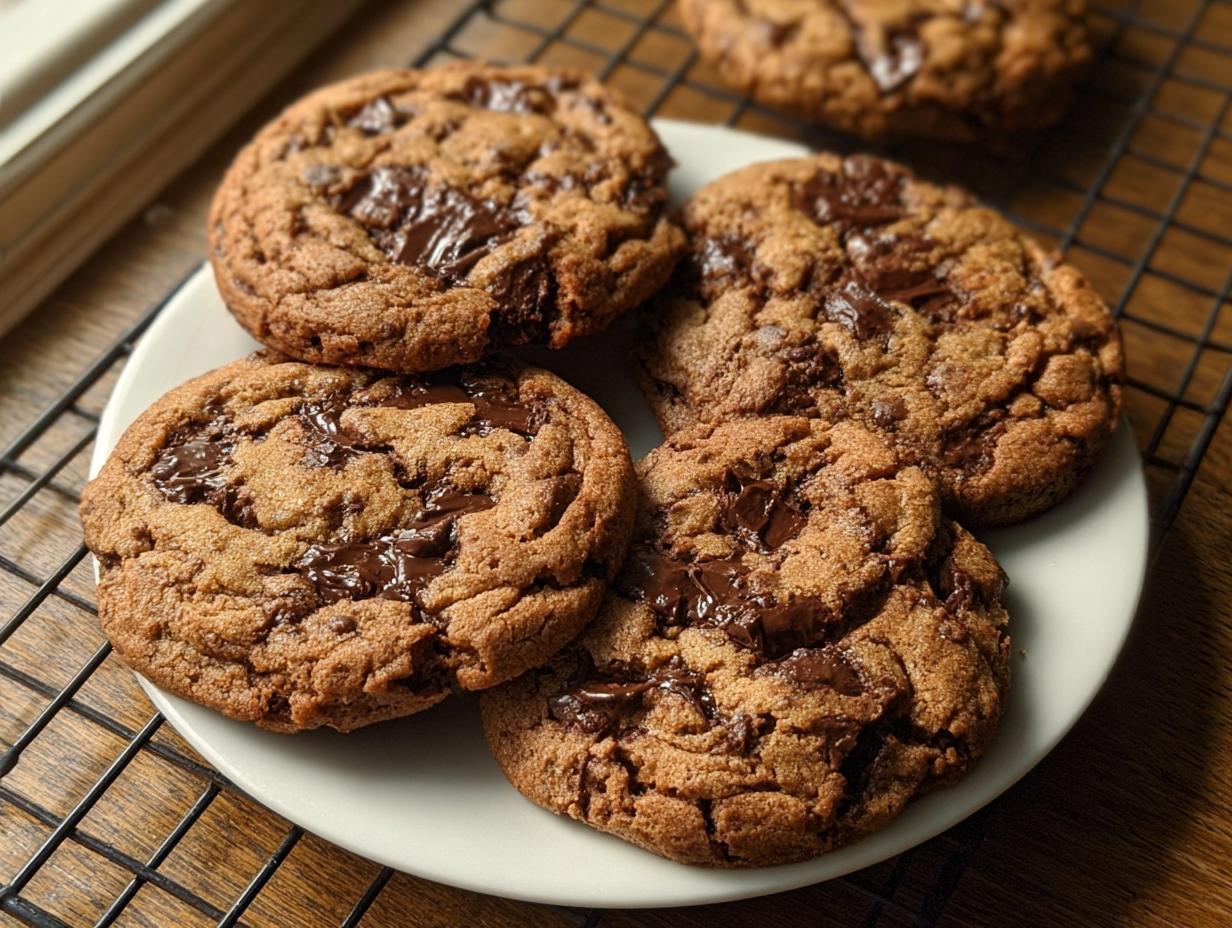 Vier saftige subway cookies mit geschmolzener Schokolade auf einem weißen Teller, die auf einem Kühlrost liegen.