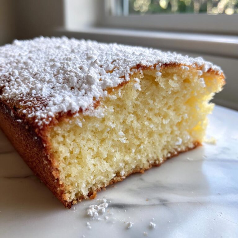 Nahaufnahme eines saftigen Stücks Fantakuchen vom Blech, bestäubt mit Puderzucker, auf einer Marmoroberfläche.