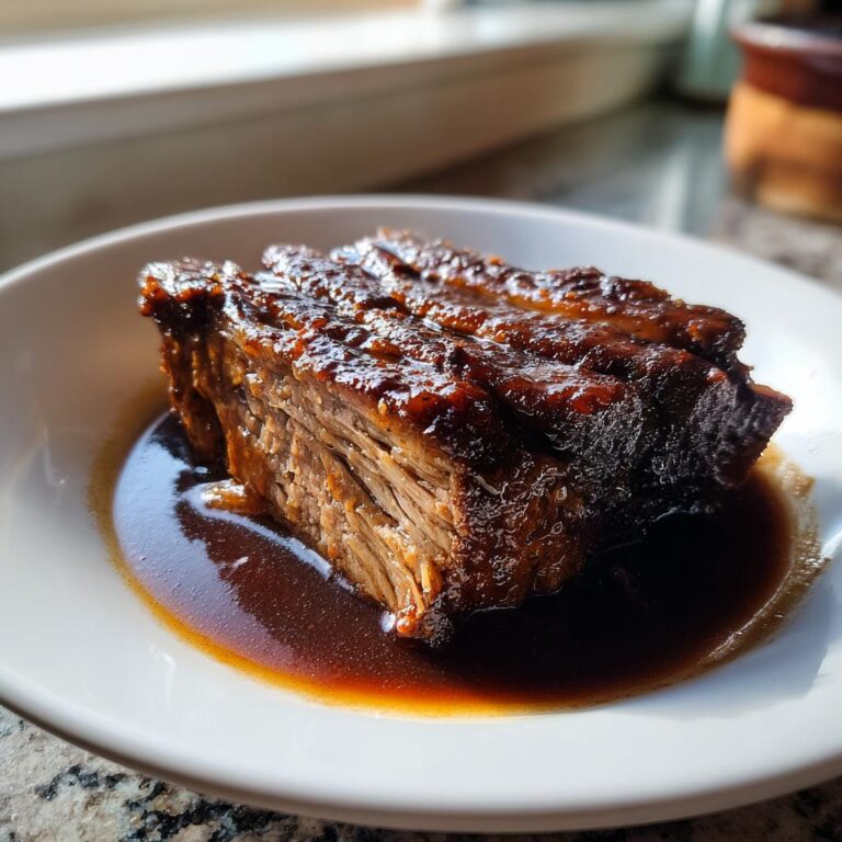 Nahaufnahme eines saftigen Stücks Räuberbraten mit dunkler Glasur in Soße auf einem weißen Teller.