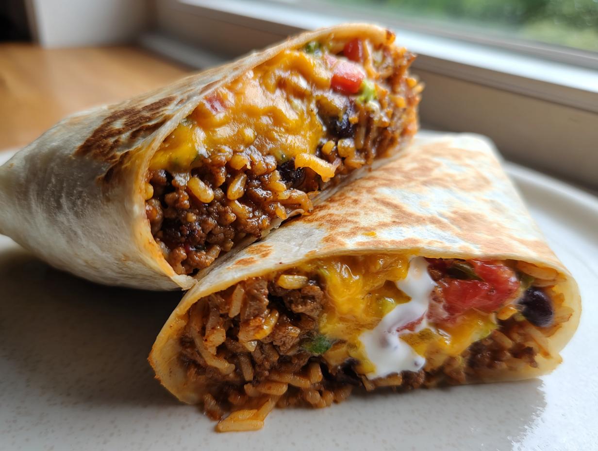 Nahaufnahme eines aufgeschnittenen Saftiger Rindfleisch-Burrito wie in Kalifornien mit geschmolzenem Käse und Reis.