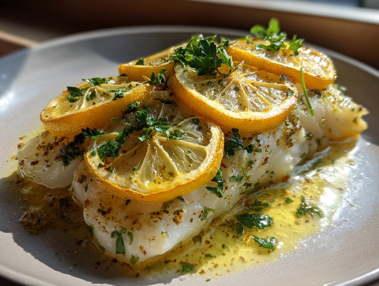 Ein saftiges Zitronen-Fischfilet aus dem Ofen, bedeckt mit Zitronenscheiben und frischer Petersilie in Buttersoße.
