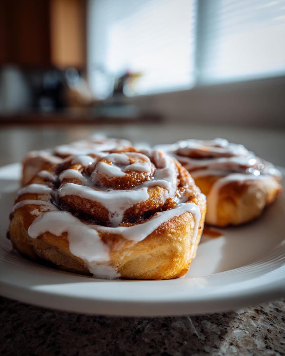 Nahaufnahme von zwei samtweichen Zimtrollen mit dickem weißen Zuckerguss auf einem weißen Teller.