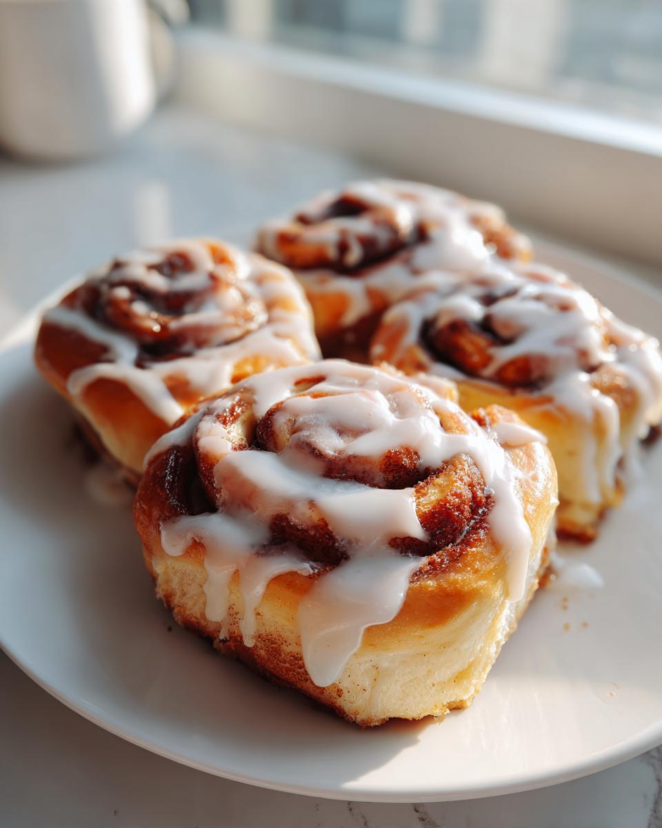 Vier fluffige Samtweiche Zimtrollen mit dickem weißen Zuckerguss auf einem weißen Teller.