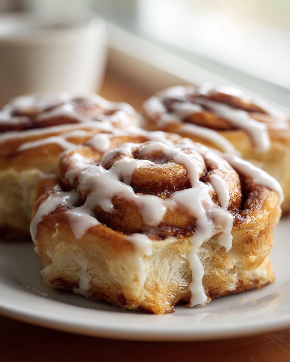 Nahaufnahme von drei saftigen Samtweiche Zimtrollen, großzügig mit weißem Zuckerguss überzogen.
