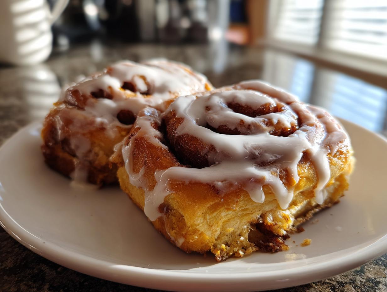 Nahaufnahme von zwei Samtweiche Zimtrollen, üppig mit weißem Zuckerguss überzogen, auf einem weißen Teller.