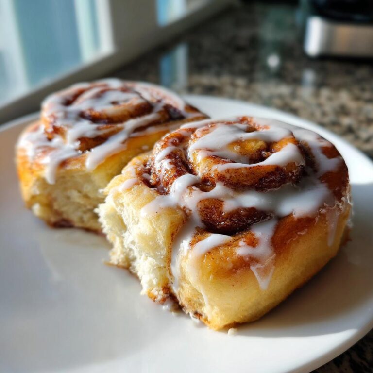 Zwei frisch gebackene Samtweiche Zimtrollen, üppig mit weißem Zuckerguss bedeckt, auf einem weißen Teller.