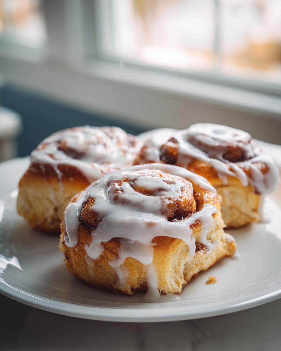 Drei frisch gebackene, samtweiche Zimtrollen mit dickem weißen Zuckerguss auf einem weißen Teller.