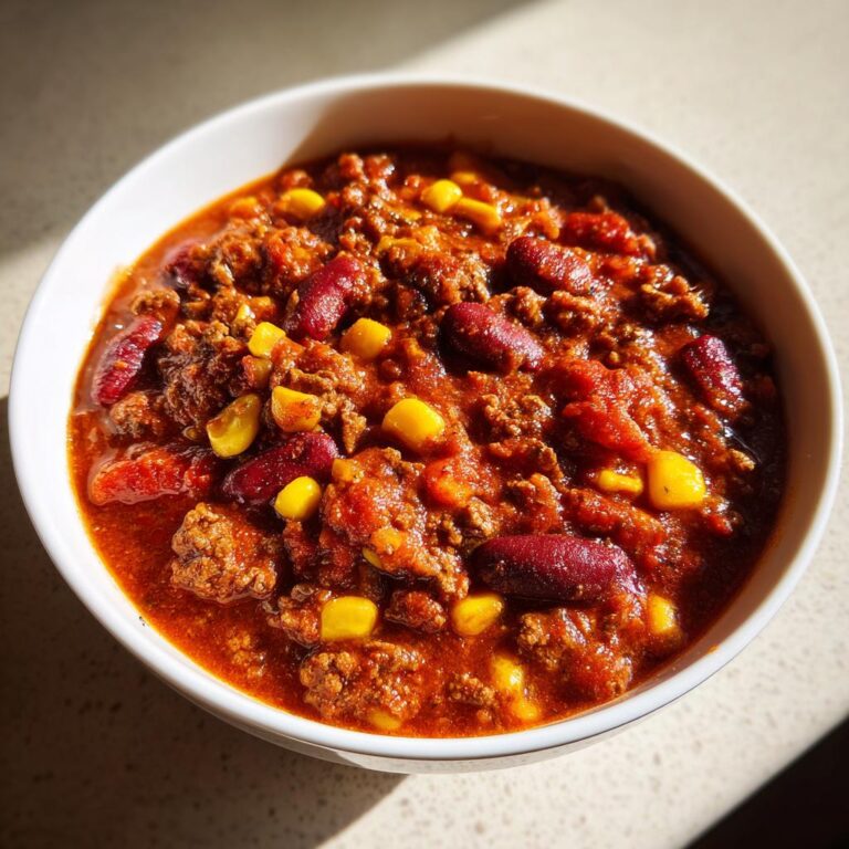 Eine Schüssel mit dem fertigen Wikingertopf einfach selber machen, gefüllt mit Hackfleisch, Kidneybohnen und Mais in einer roten Sauce.