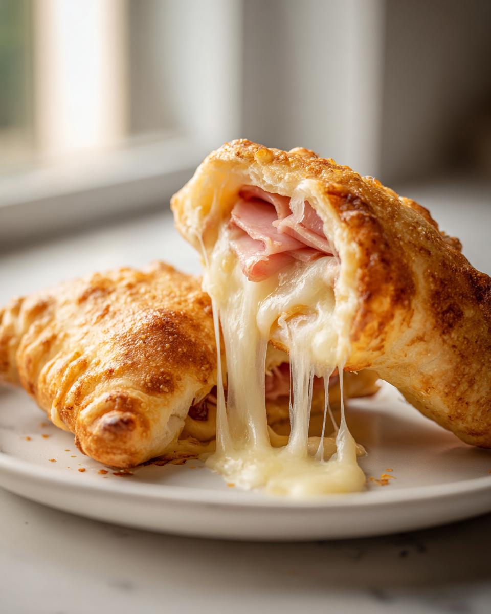 Aufgeschnittene Schinken-Käse-Taschen im Airfryer mit langgezogenen, geschmolzenen Käsefäden.