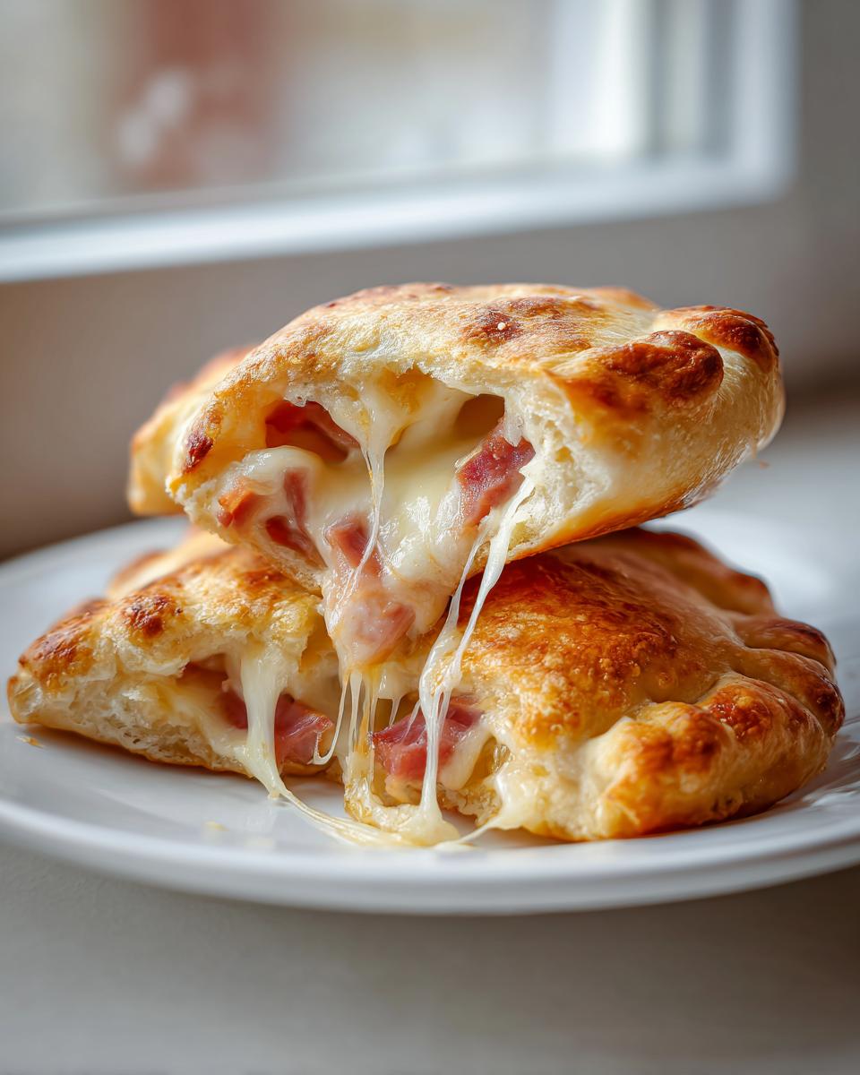 Aufgeschnittene Schinken-Käse-Taschen im Airfryer mit langgezogenen, geschmolzenen Käsefäden.