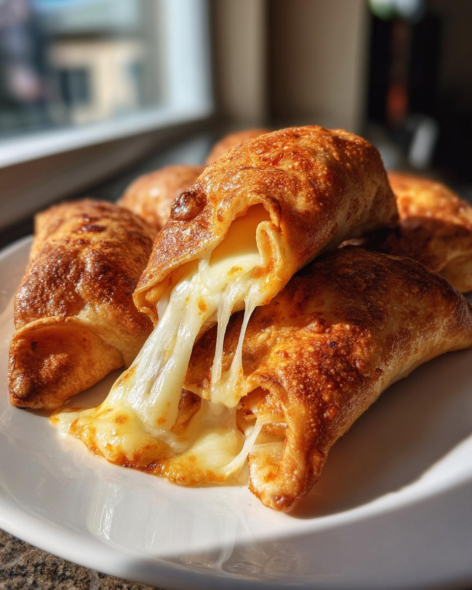 Knusprige Schinken-Käse-Taschen im Airfryer, bei denen geschmolzener Käse beim Auseinanderziehen herausläuft.