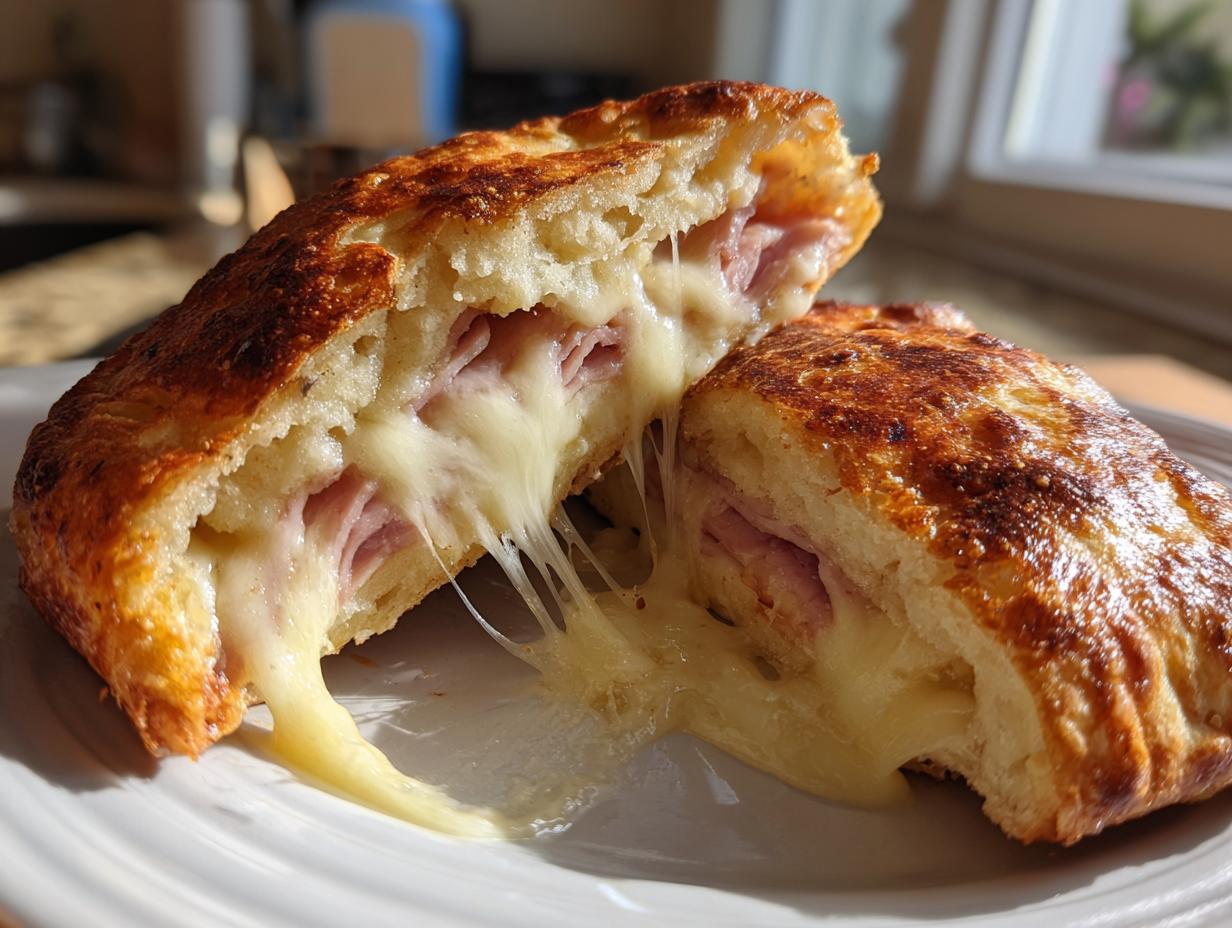 Aufgeschnittene Schinken-Käse-Taschen im Airfryer mit viel geschmolzenem Käse, der Fäden zieht.