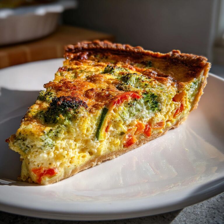 Nahaufnahme eines Stücks Schnelle Gemüse-Quiche mit Brokkoli und Paprika auf einem weißen Teller.