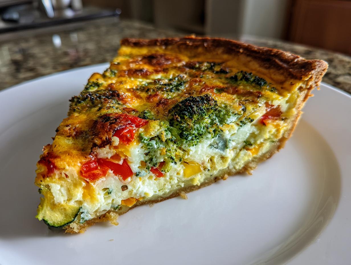 Ein großes Stück Schnelle Gemüse-Quiche mit bunten Gemüsesorten wie Brokkoli und Paprika auf einem weißen Teller.