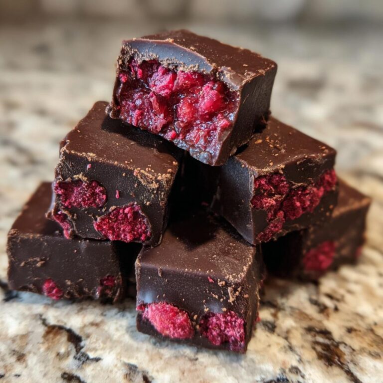 Stapel von Schnelle Himbeer-Pralinen, die innen leuchtend rote Himbeerstücke zeigen.