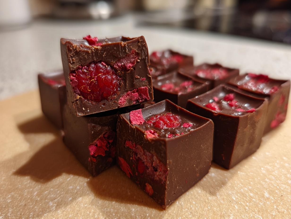 Eine Nahaufnahme von mehreren quadratischen, dunklen Schokoladenpralinen mit ganzen Himbeeren im Inneren, die als Schnelle Himbeer-Pralinen zubereitet wurden.