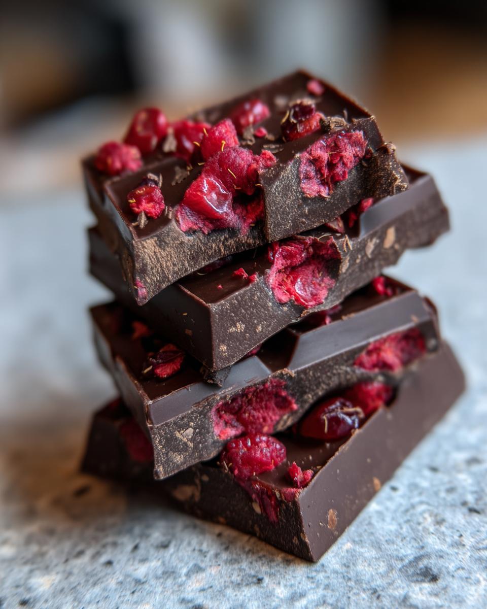 Stapel von dunklen Schokoladenstücken, verziert mit leuchtend roten, gefriergetrockneten Himbeeren, perfekt für Schnelle Himbeer-Pralinen.