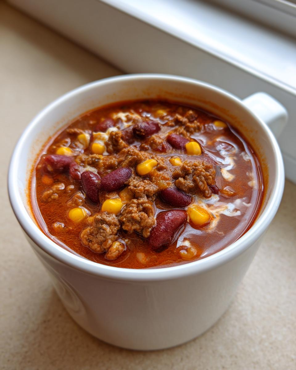 Eine Nahaufnahme einer dampfenden Tasse Taco-Suppe mit Hackfleisch, Kidneybohnen und Mais, garniert mit einem Klecks Creme.