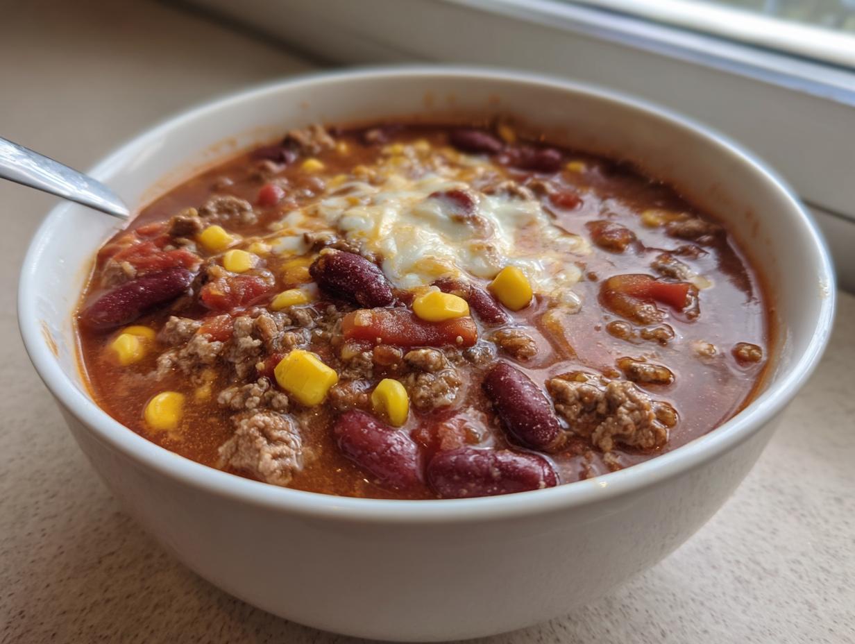 Nahaufnahme einer Schüssel mit herzhafter Taco-Suppe, gefüllt mit Hackfleisch, Kidneybohnen, Mais und geschmolzenem Käse.