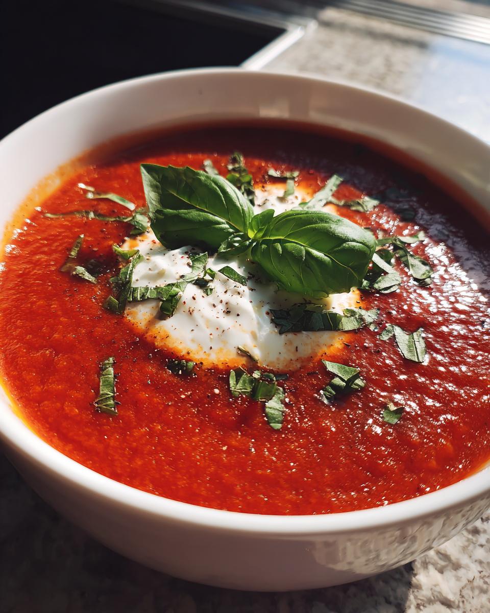 Nahaufnahme einer leuchtend roten Tomatensuppe, garniert mit einem Klecks Sahne, Basilikum und Pfeffer, die Schmecken bombastisch.