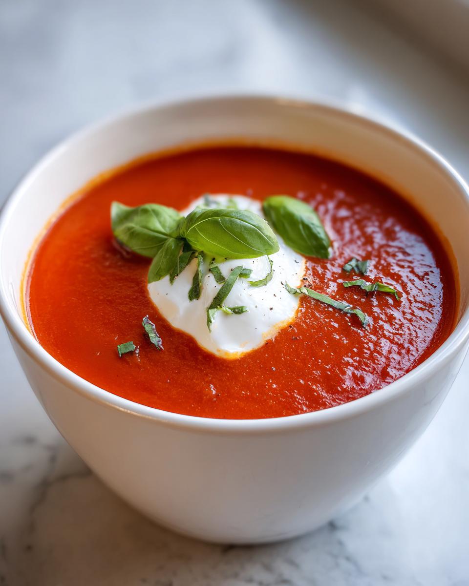 Nahaufnahme einer leuchtend roten Tomatensuppe, garniert mit einem Klecks Crème fraîche und frischen Basilikumblättern, die Schmecken bombastisch.