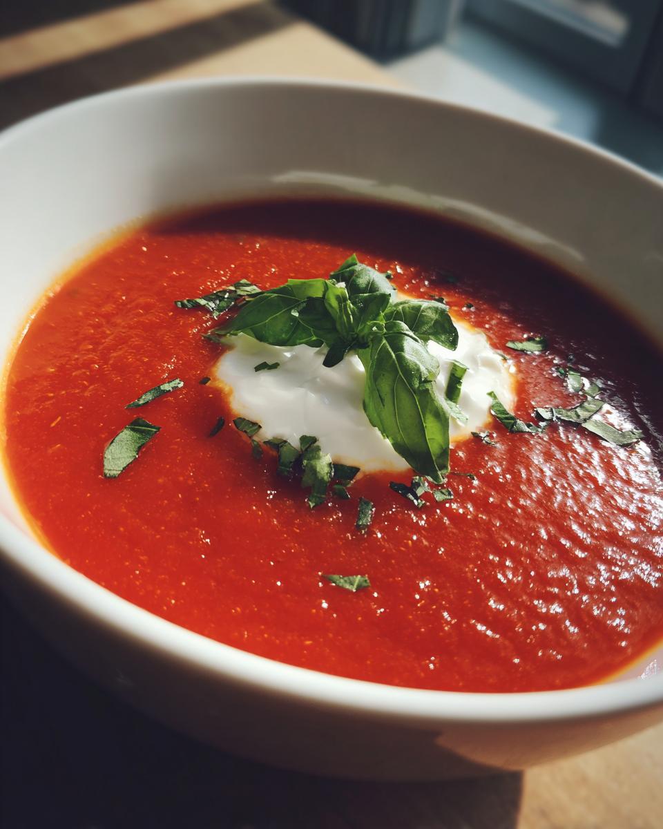 Nahaufnahme einer leuchtend roten Tomatensuppe, garniert mit einem Klecks Creme und frischem Basilikum, die Schmecken bombastisch.
