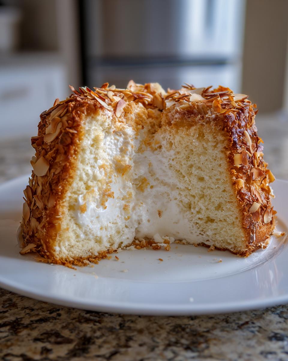 Anschnitt eines Stücks Schneller Bienenstich Rezept mit luftiger Sahnefüllung und Mandelkruste.