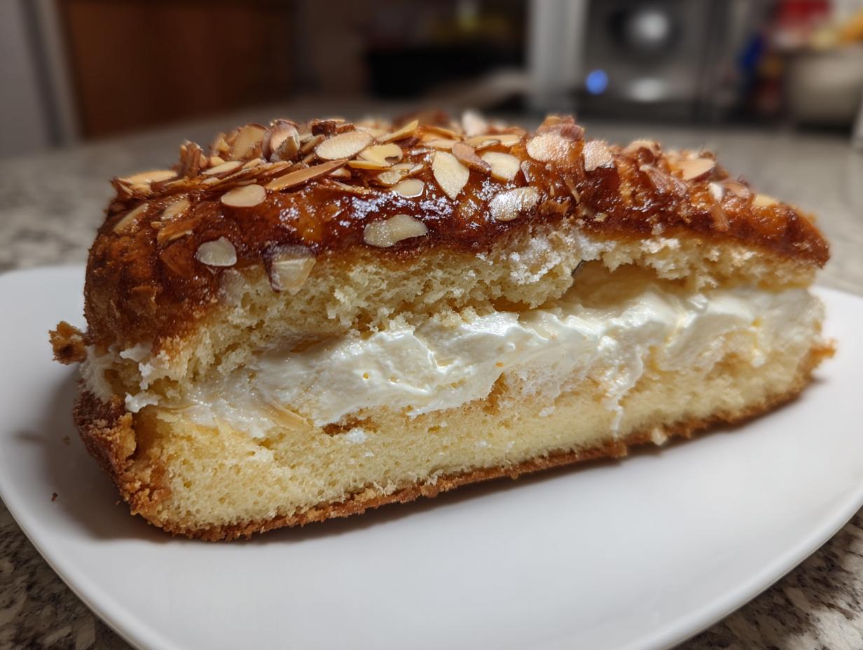 Nahaufnahme eines Stücks Schneller Bienenstich Rezept, gefüllt mit weißer Sahne und bedeckt mit karamellisierten Mandeln.