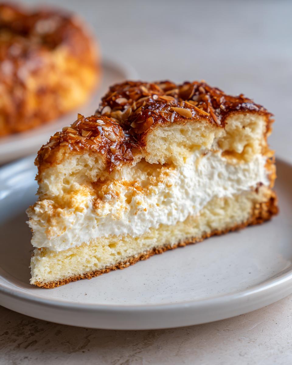 Nahaufnahme eines Kuchenschnitts vom Schneller Bienenstich Rezept mit einer dicken Schicht weißer Sahne und karamellisierten Mandeln oben.