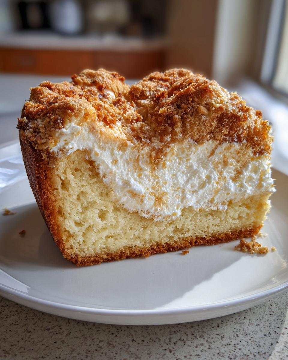 Ein dickes Stück Schneller Bienenstich Rezept mit hellem Kuchenboden, dicker Sahnefüllung und knuspriger Mandelstreuselhaube.