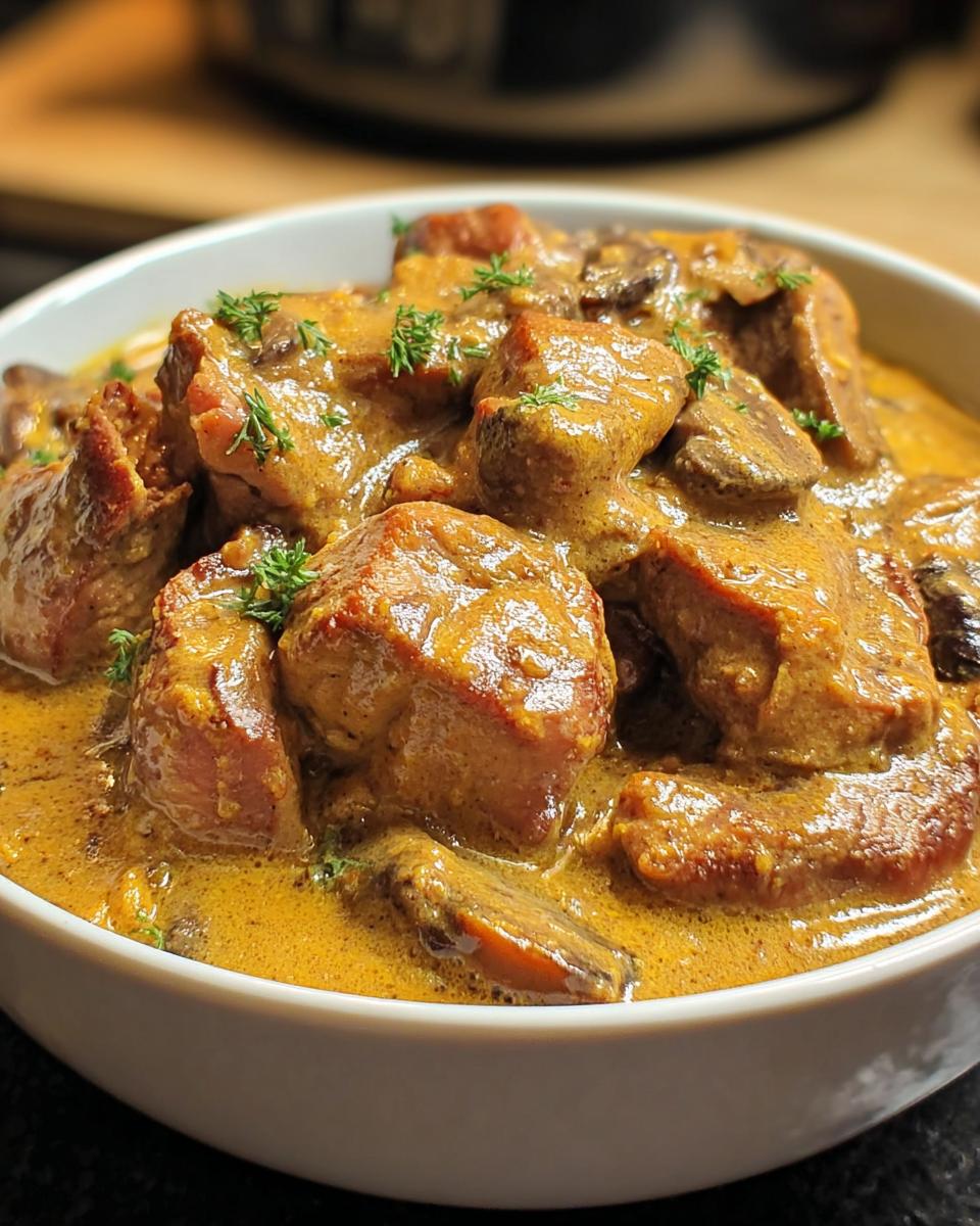 Nahaufnahme von saftigen Fleischstücken in einer cremigen, gelblichen Soße mit Pilzen, typisch für ein deutsches Filettopf Gericht.