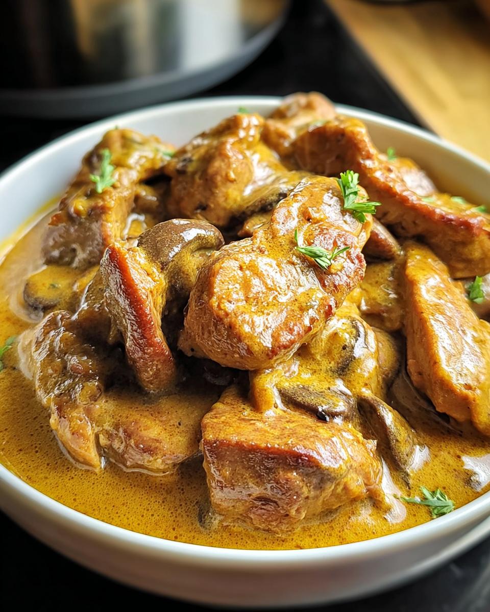 Nahaufnahme eines weißen Tellers gefüllt mit Filettopf, bestehend aus Fleischstücken in einer dicken, gelb-orangen Pilzrahmsoße.